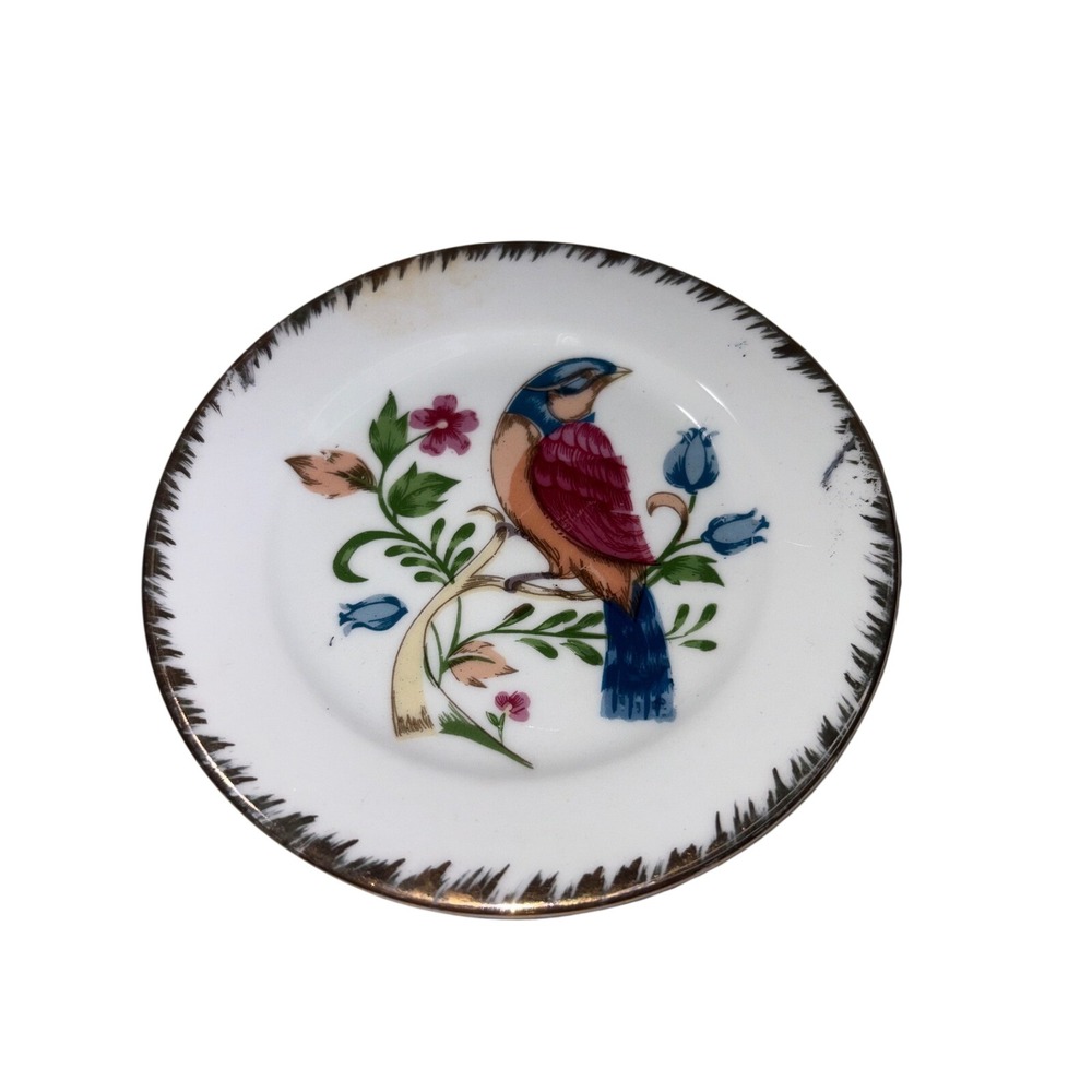 Small Porcelain Bird Trinket Dish Gold Feathered Rim Decorative Plate Vintage